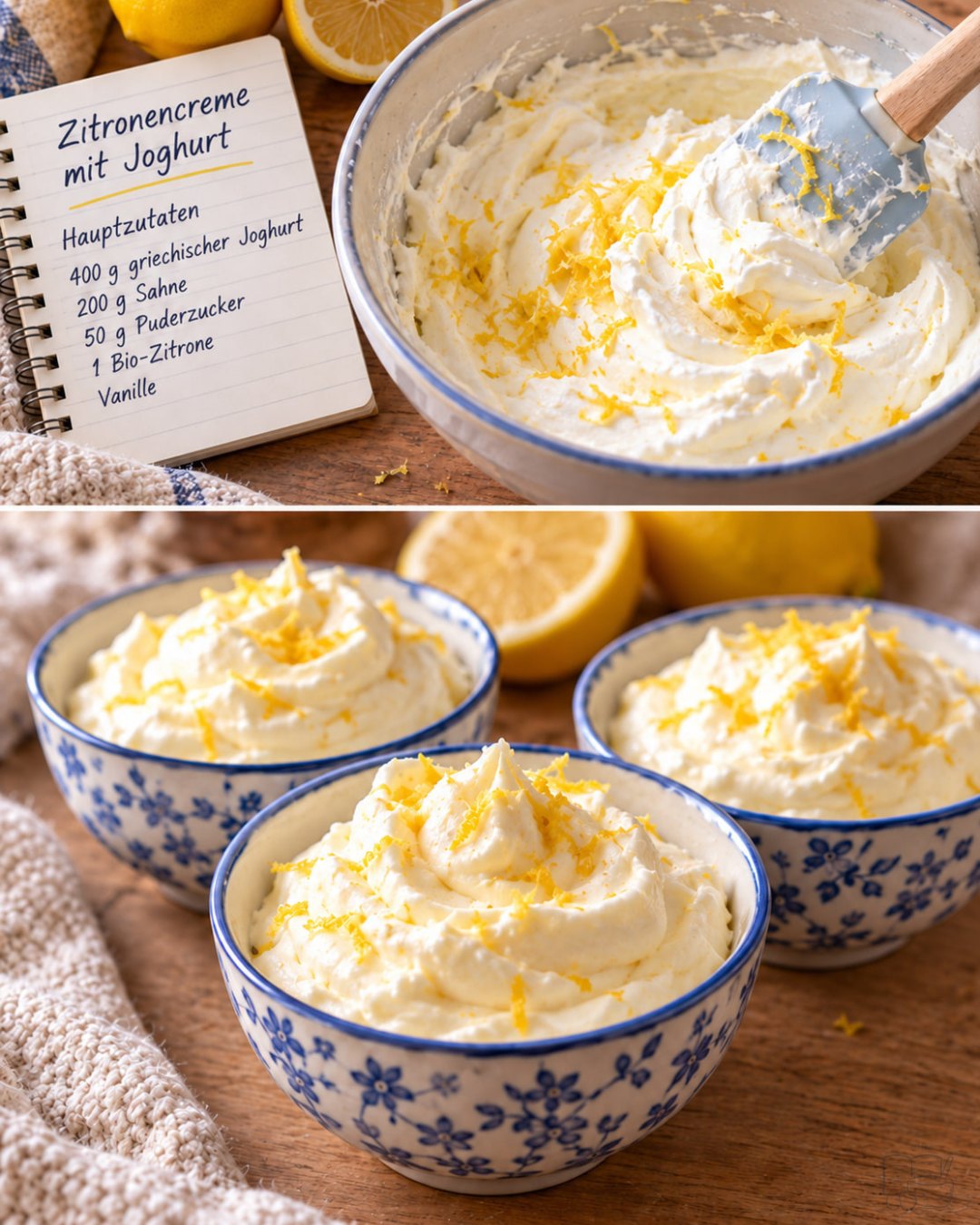 Illustration von Zitronencreme mit Joghurt in kleinen Schalen mit Zitronenabrieb