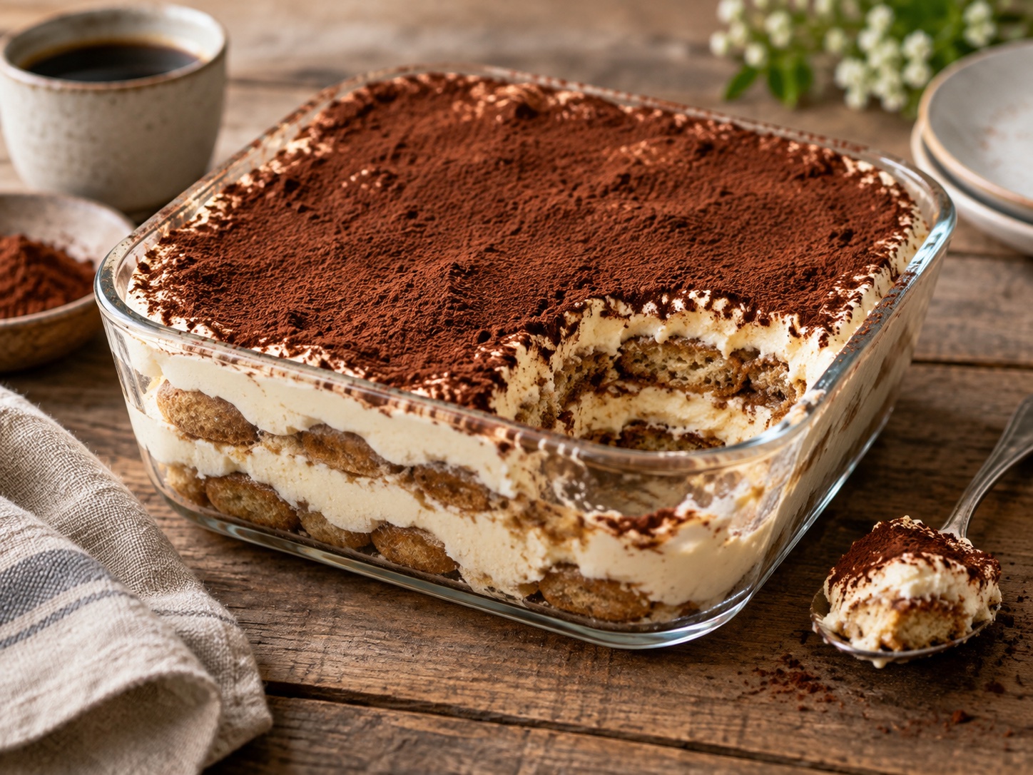 Tiramisu ohne Ei mit Mascarponecreme, Löffelbiskuits und Kakaopulver