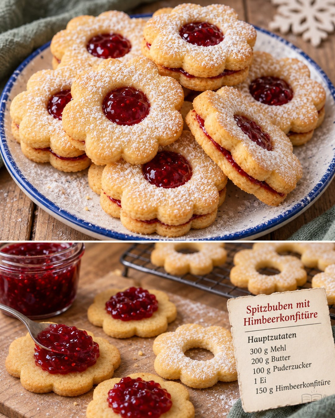 Illustration von Spitzbuben-Plätzchen mit Himbeerkonfitüre und Puderzucker auf einem Teller