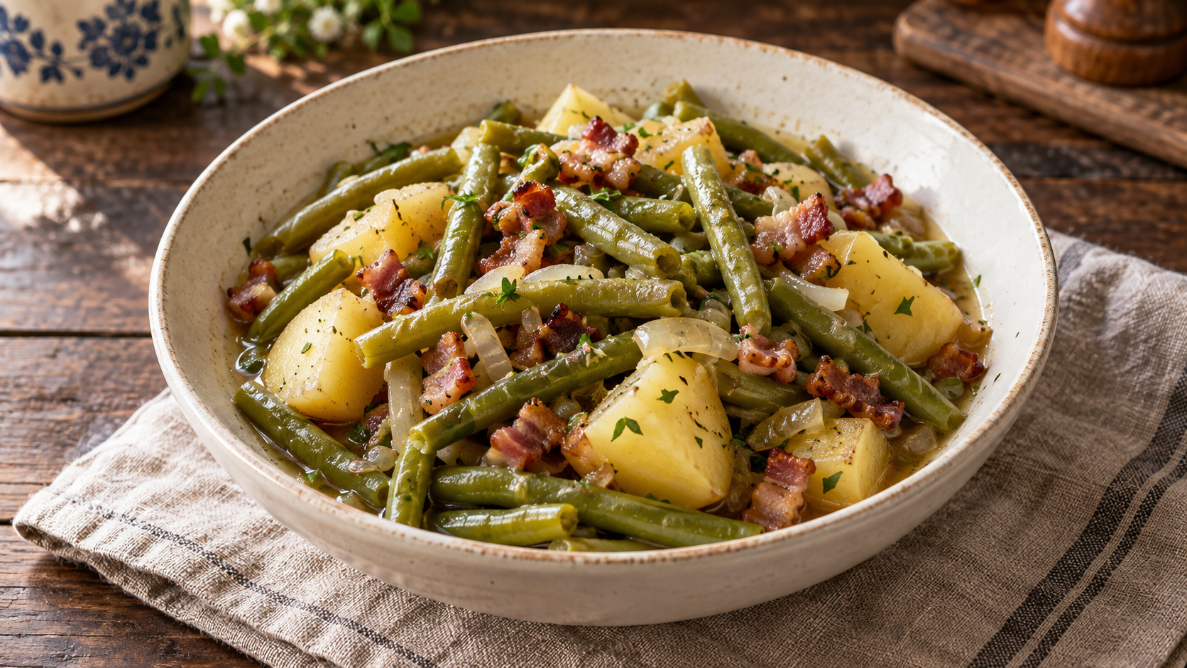 Saure Bohnen mit Kartoffeln und Speck