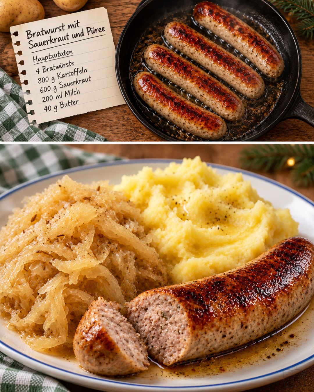 Illustration einer gebräunten Bratwurst mit cremigem Kartoffelpüree und Sauerkraut
