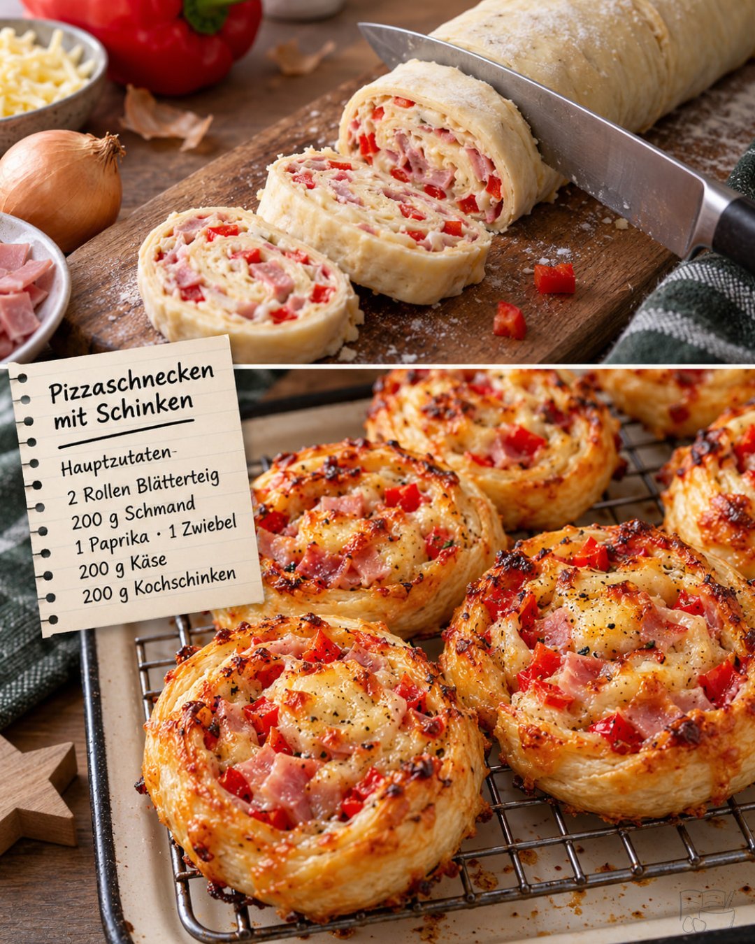 Illustration von goldbraunen Blätterteig-Pizzaschnecken mit Schinken, Paprika und Käse auf einem Gitter