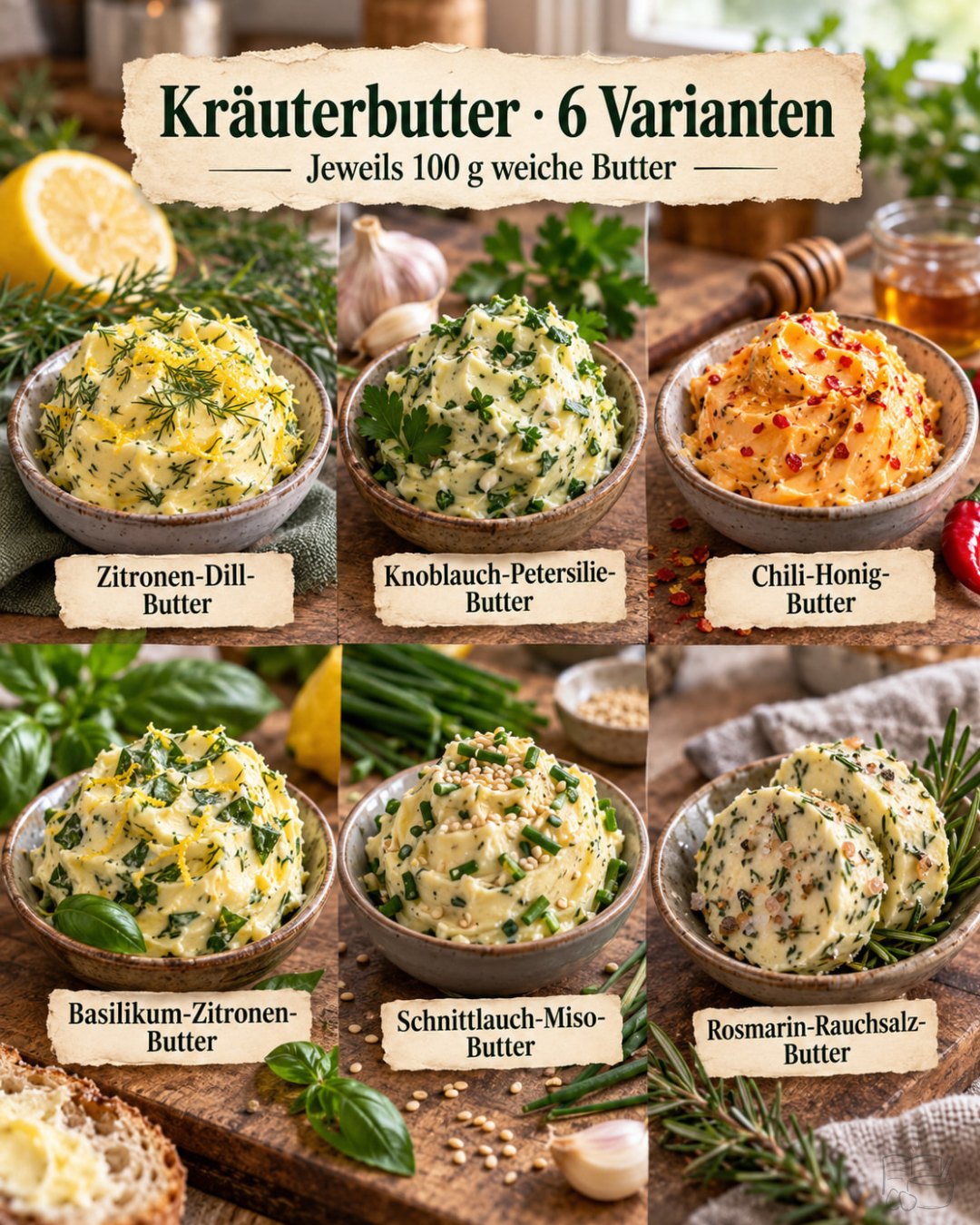 Illustration von sechs Schälchen Kräuterbutter: Zitronen-Dill, Knoblauch-Petersilie, Chili-Honig, Basilikum, Schnittlauch-Miso und Rosmarin