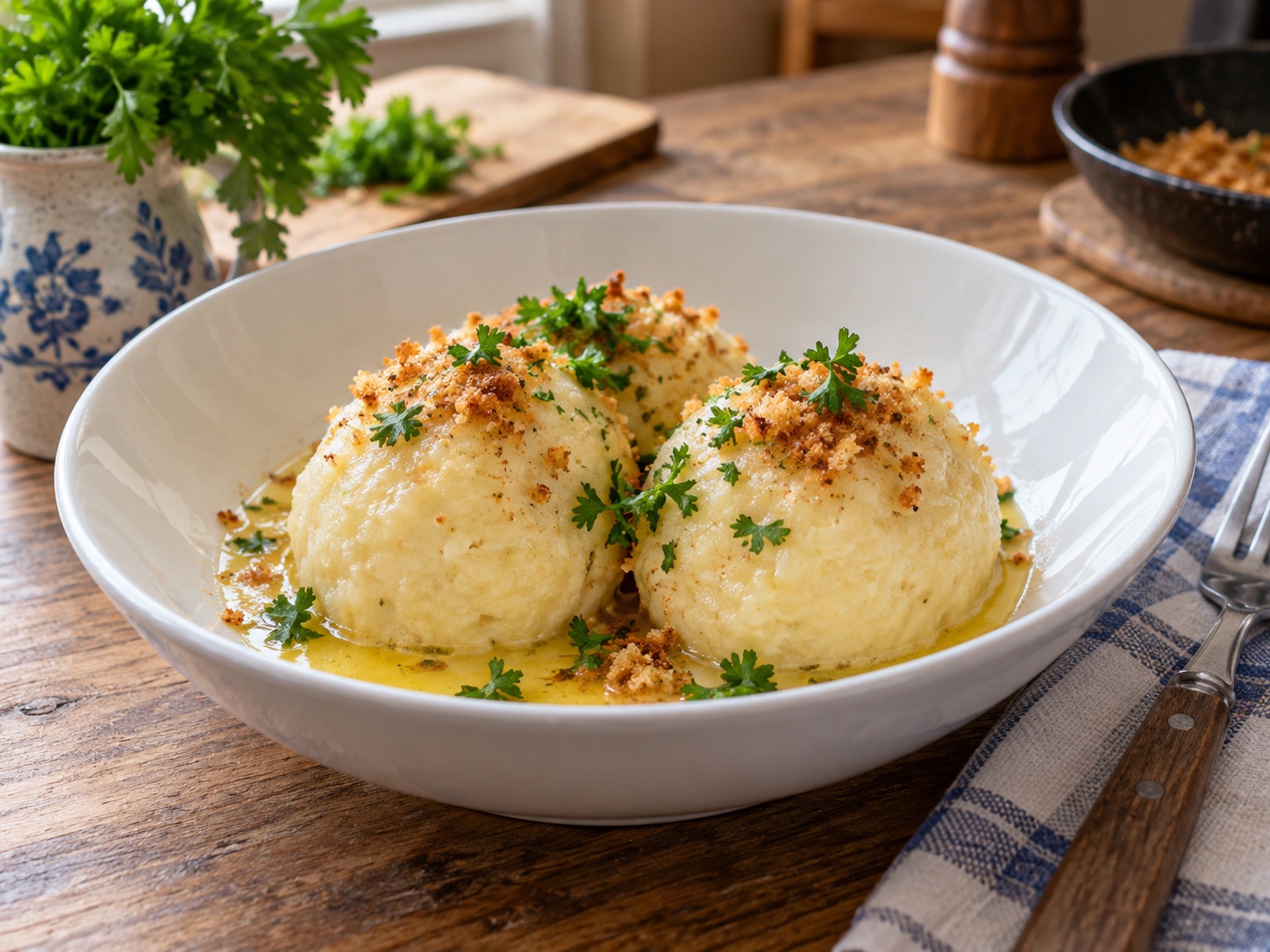 Klassische Mehlklöße mit geschmolzener Butter, Petersilie und Semmelbröseln