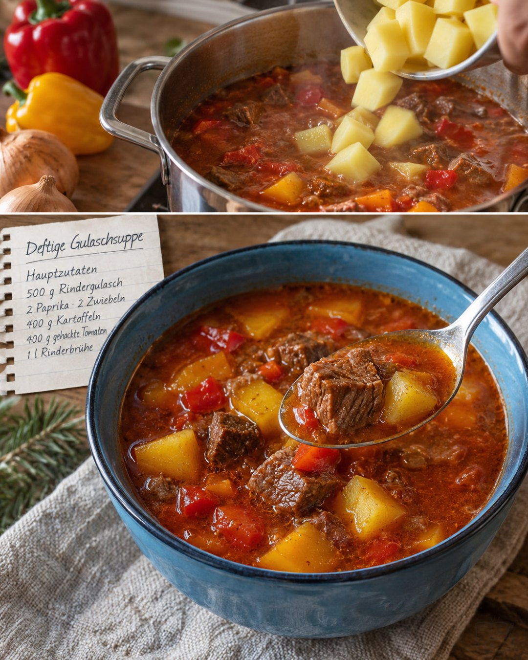 Illustration einer Schüssel deftiger Gulaschsuppe mit Rindfleisch, Kartoffeln und Paprika