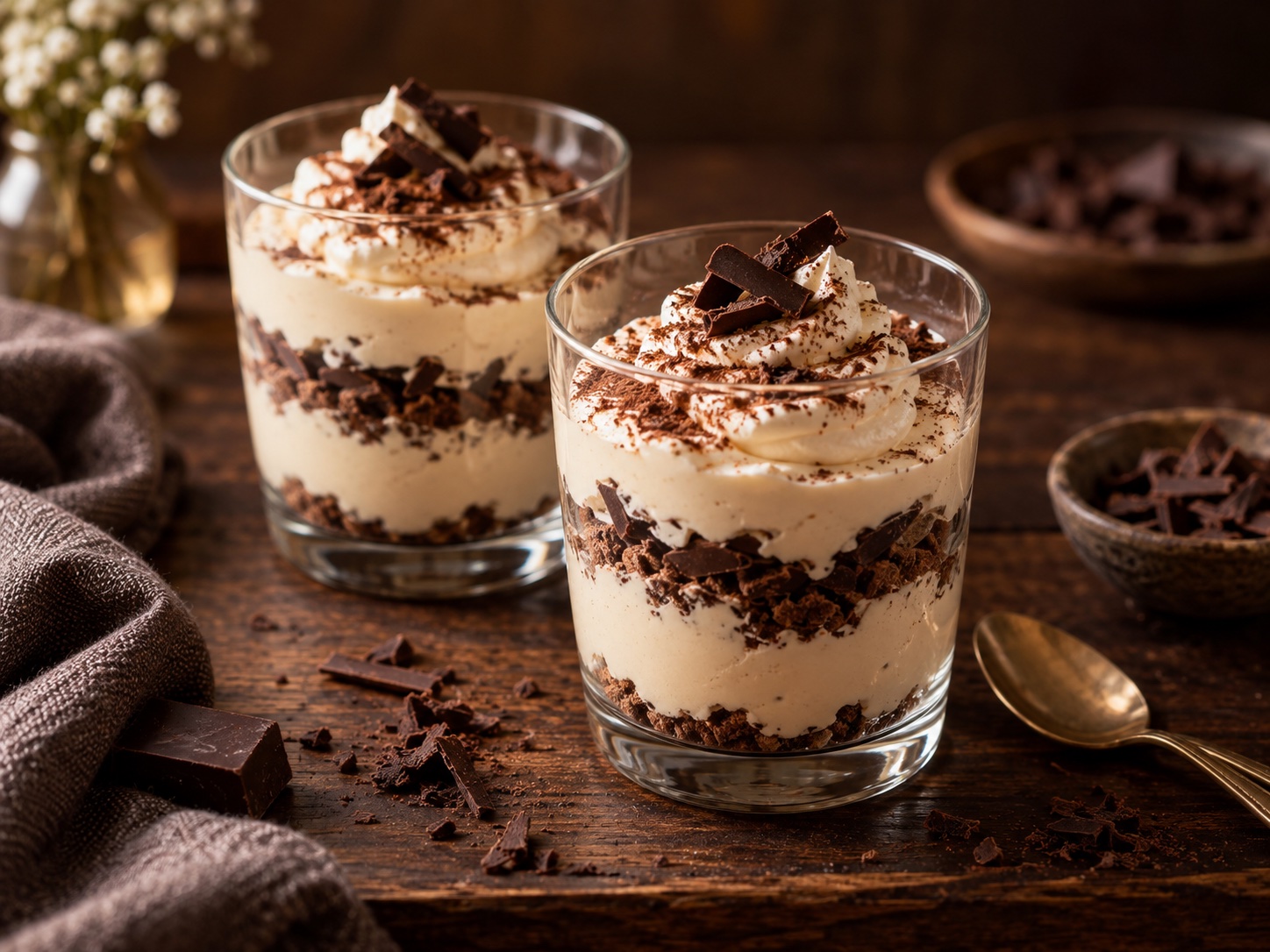 Cremiges Baileys Dessert im Glas mit Schokoladenkeksen und Schokoladenraspeln