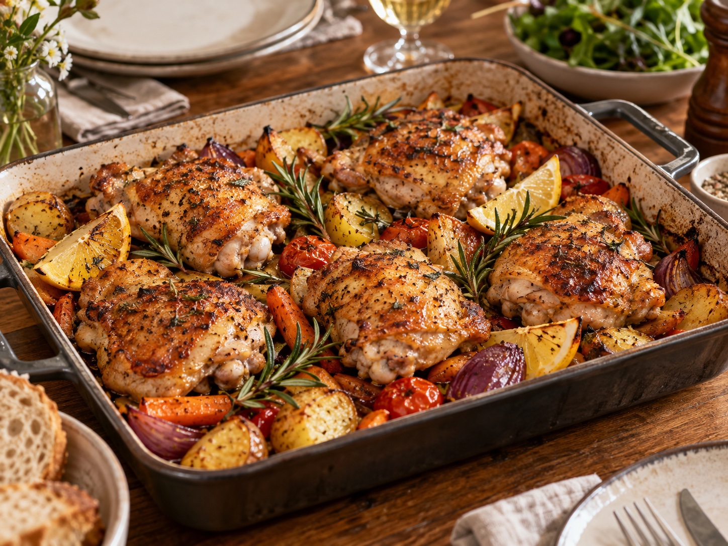 Goldbraun gebackenes Pollo Fino mit Zitrone, Rosmarin und Ofengemüse