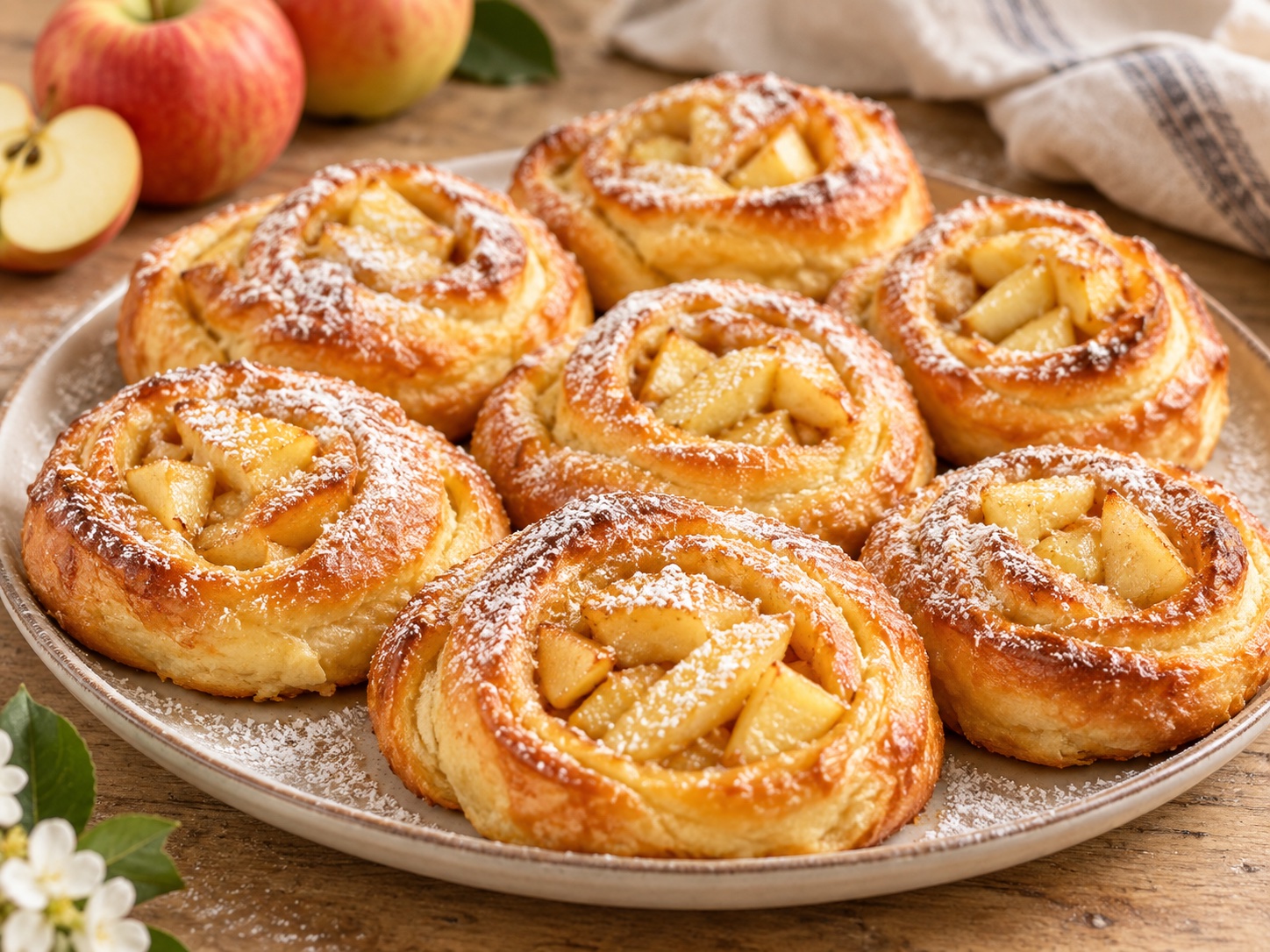 Frisch gebackene Apfelschnecken mit saftiger Apfel-Zimt-Füllung auf einem Teller