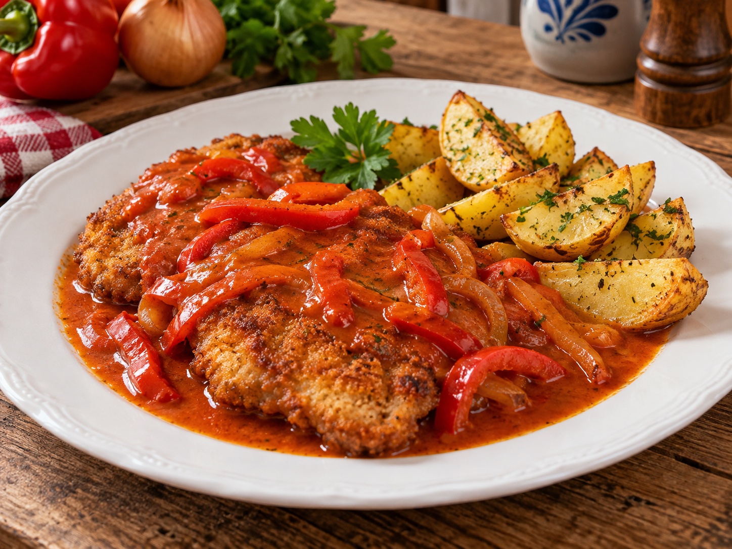 Knusprige Schnitzel in roter Paprikasauce mit Paprikastreifen und Kartoffelecken