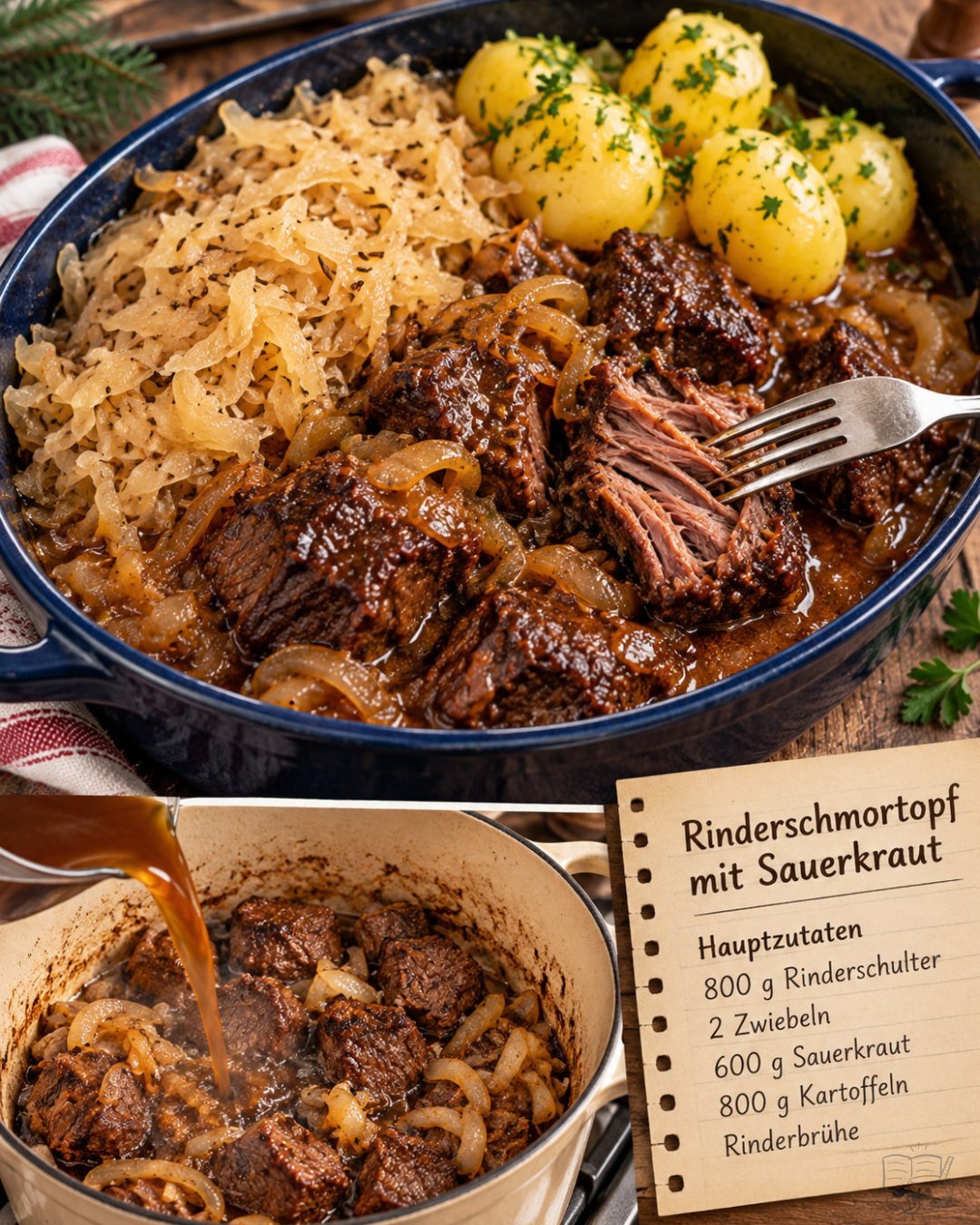 Illustration eines Schmortopfs mit zartem Rindfleisch, Sauerkraut und Butterkartoffeln