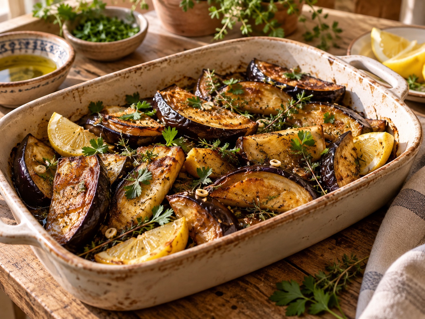 Goldbraun gebackene Auberginenspalten mit Zitrone, Knoblauch und frischen Kräutern in einer Ofenform