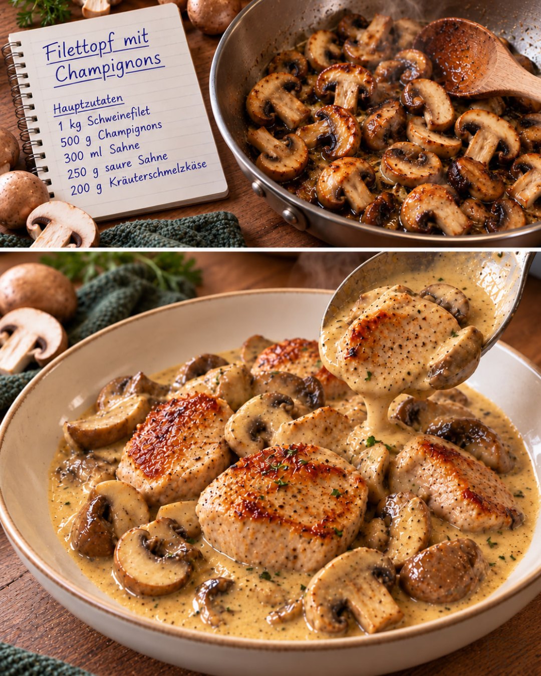 Illustration von Schweinefilet-Medaillons mit gebratenen Champignons in cremiger Soße