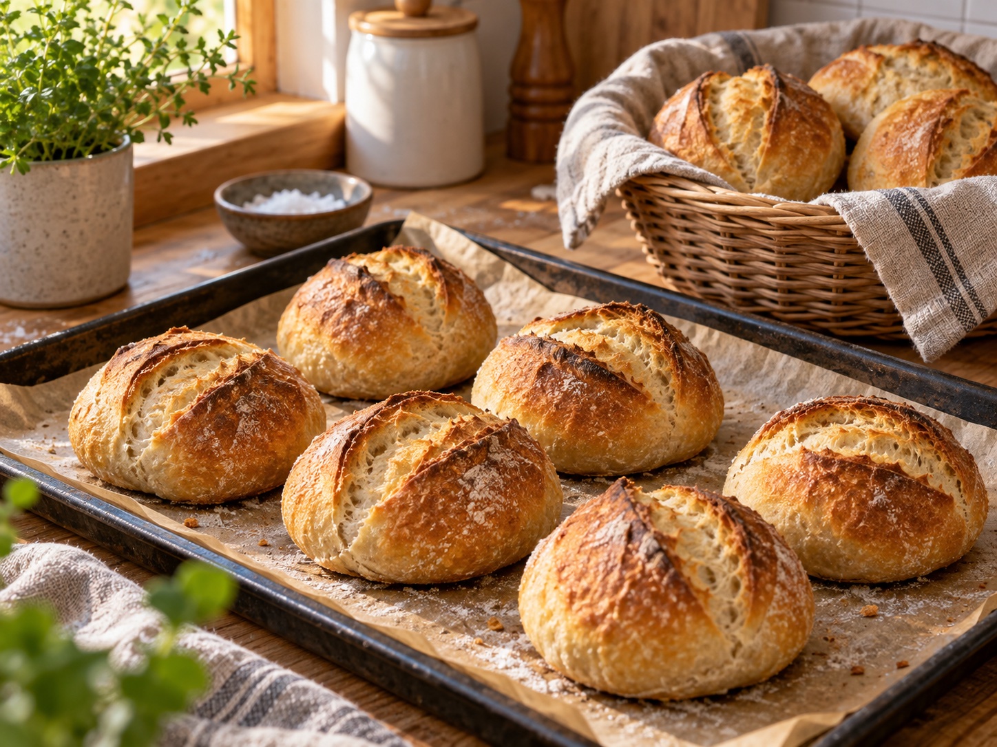 Goldbraune, knusprige Bäckerbrötchen auf einem Backblech und in einem Brotkorb