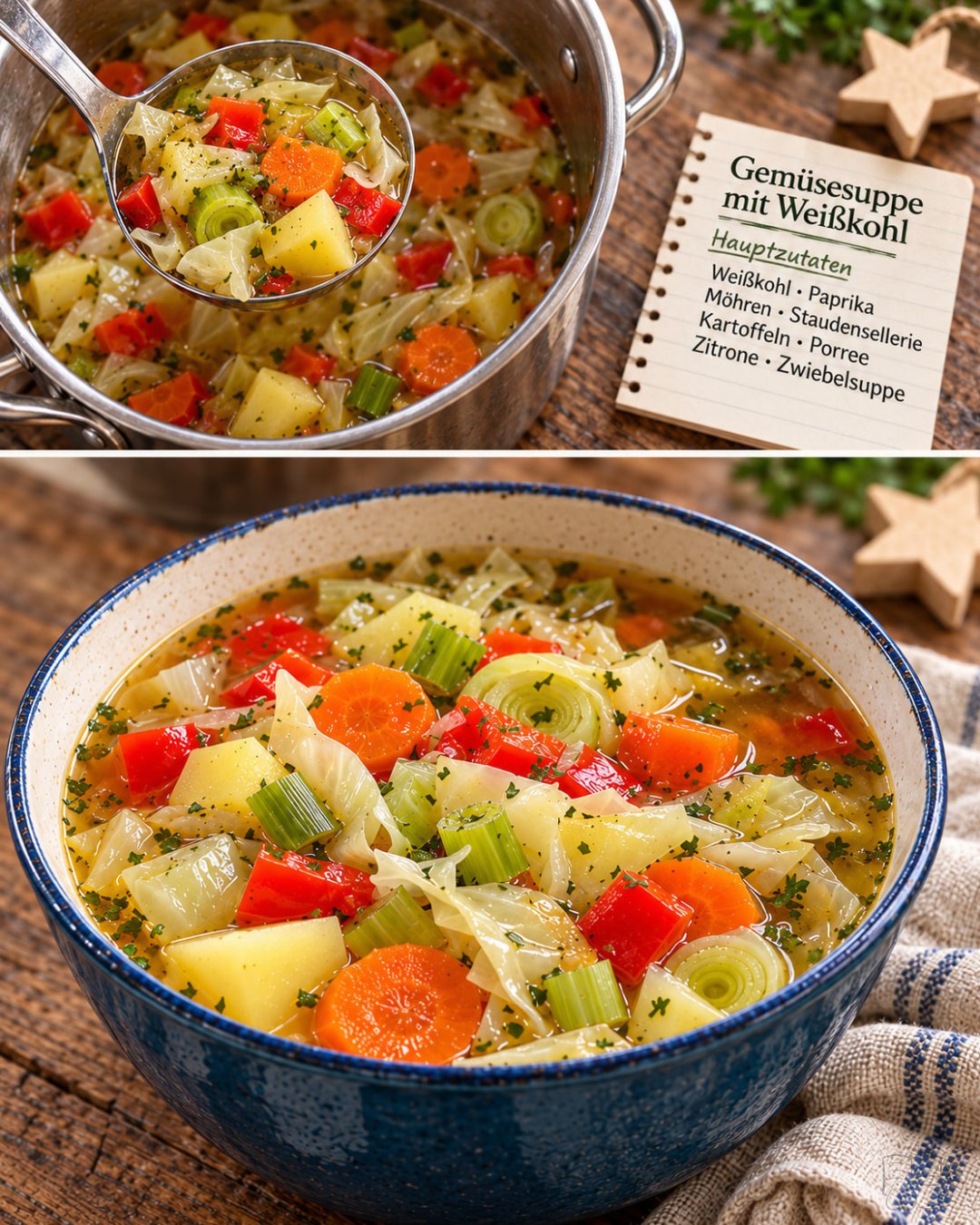 Illustration eines großen Topfs Gemüsesuppe mit Weißkohl, Möhren, Paprika und Sellerie
