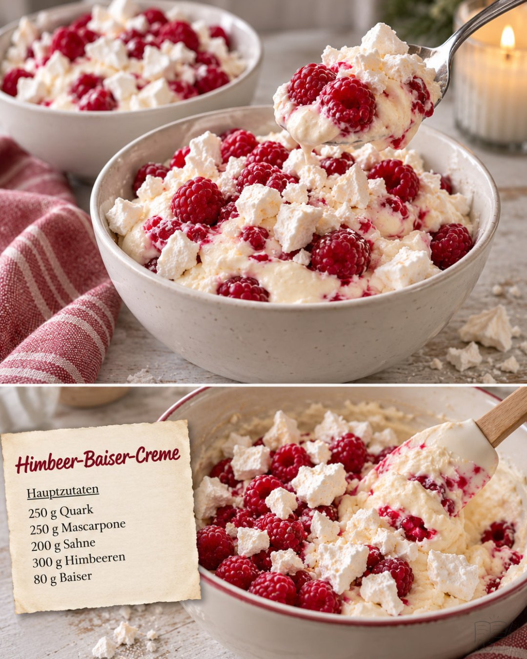 Illustration einer Schale Himbeer-Baiser-Creme mit frischen Himbeeren und Baiserstücken