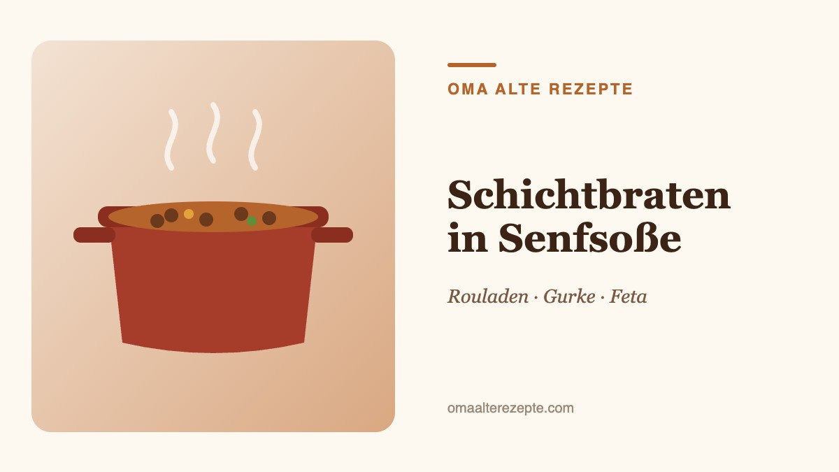 Illustration eines aufgeschnittenen, geschichteten Bratens in heller Senfsoße