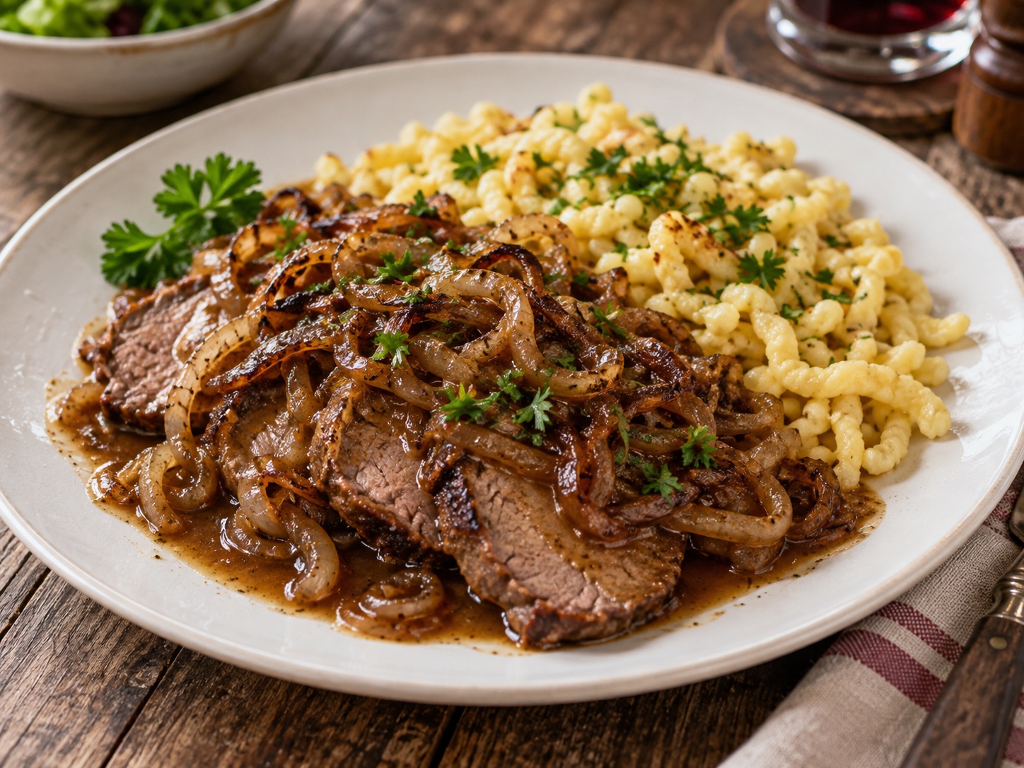 Zwiebelrostbraten mit karamellisierten Zwiebeln, Bratensauce und Spätzle
